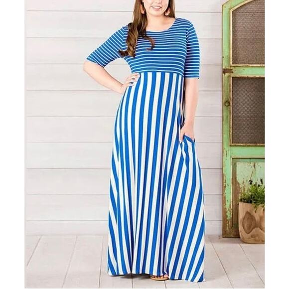Matilda Jane Women's The Road Ahead Blue Striped Maxi Dress Pockets Size Medium - Picture 1 of 7